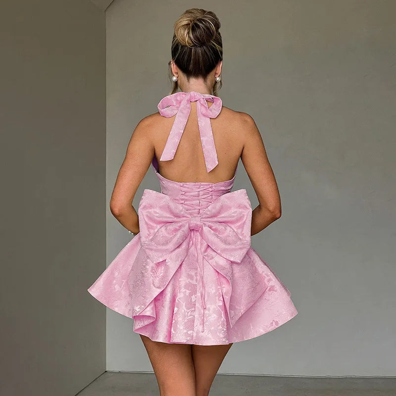 Bow Deep V Halter Backless A-line Dress Mssaz Desses
