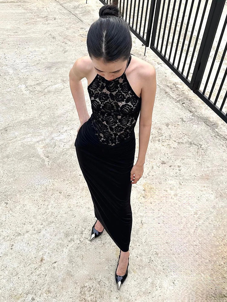 Halter Neck Lace Patchwork Black Maxi Dress Mssaz Desses