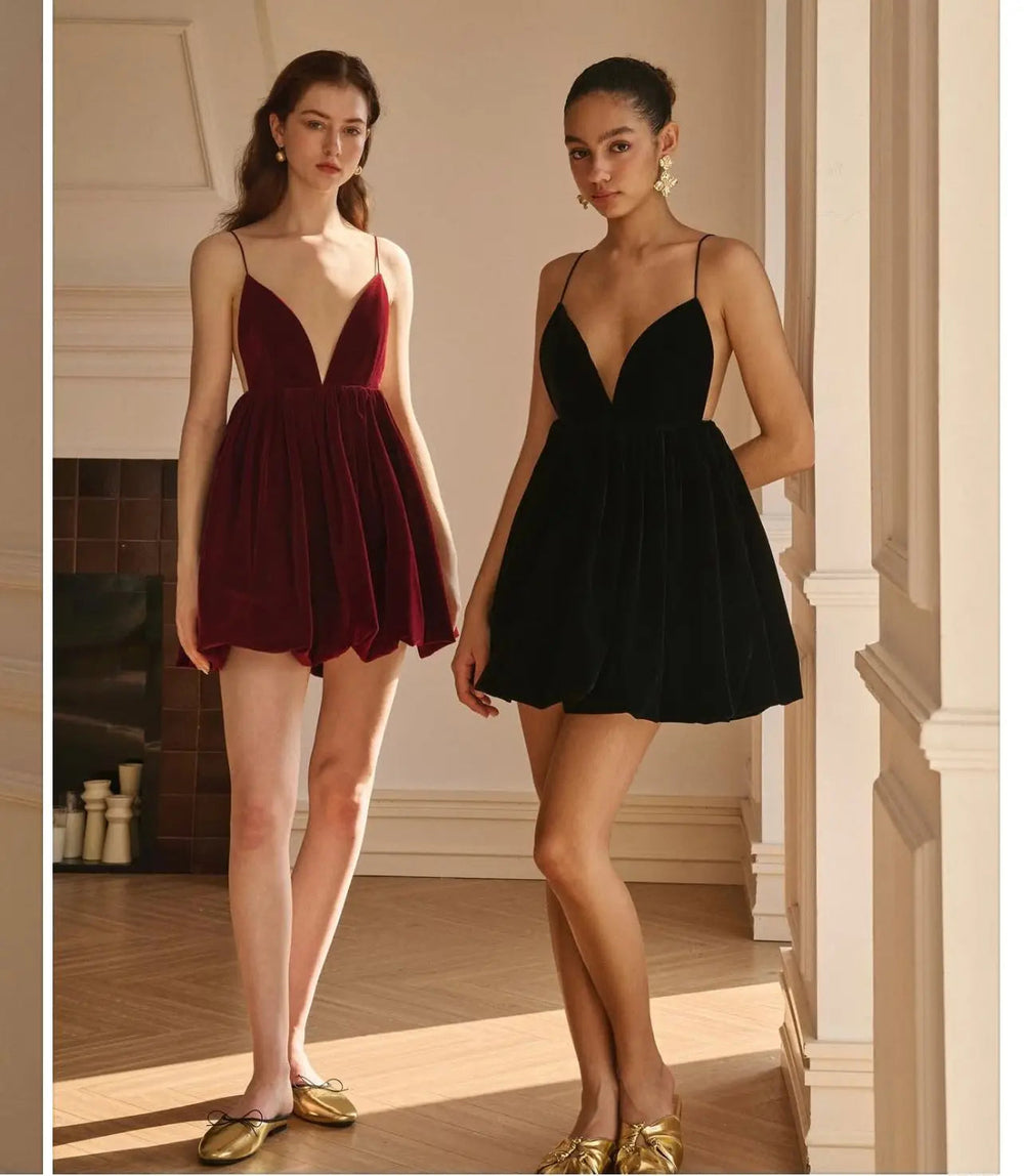 Velvet Deep V Neck Mini Lantern Dress Mssaz Desses