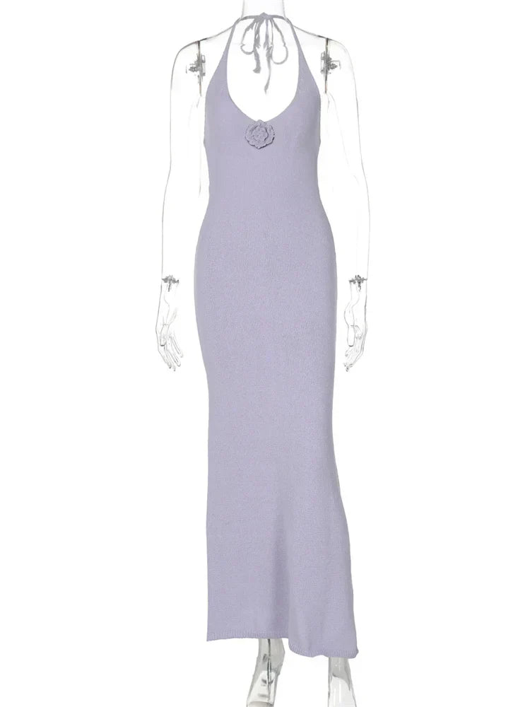 Floral Knit Hollow Out Lace-Up Maxi Dress Mssaz Desses