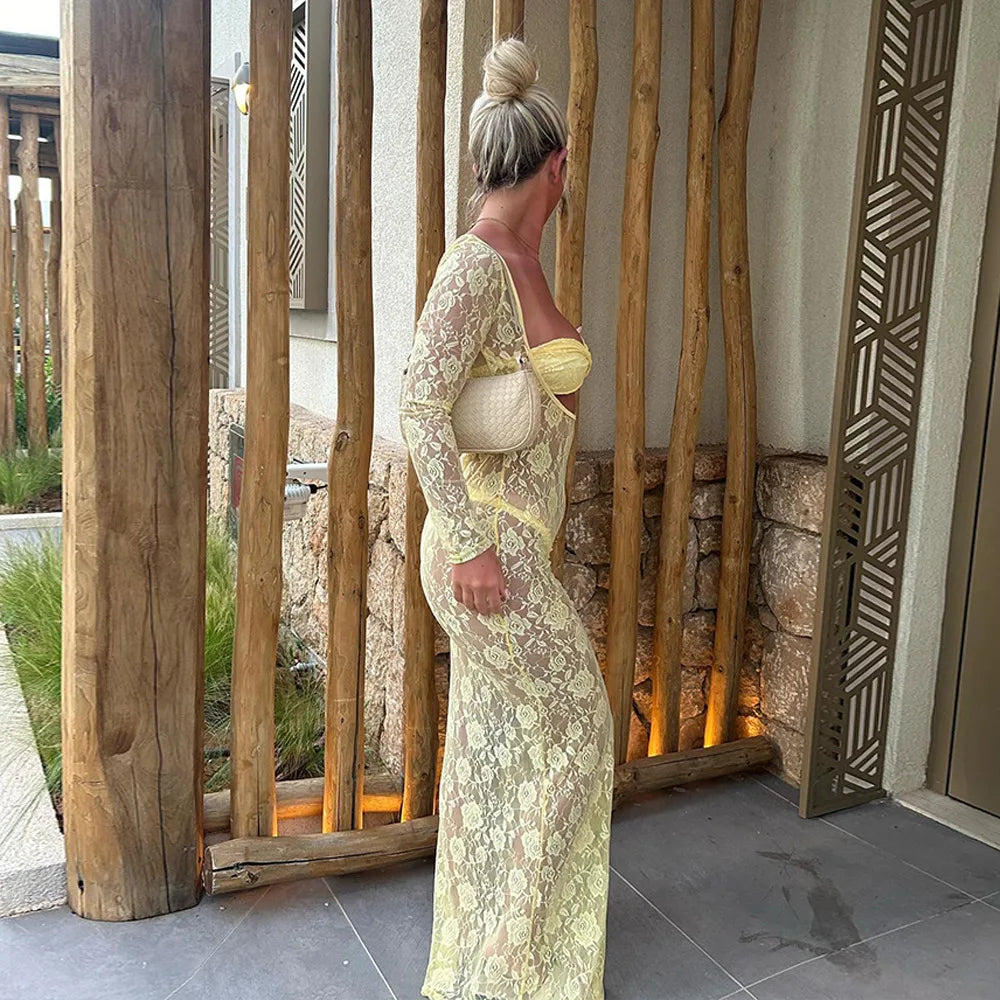 Perspective Lace Hollow Out Bodycon Maxi Dress Mssaz Desses