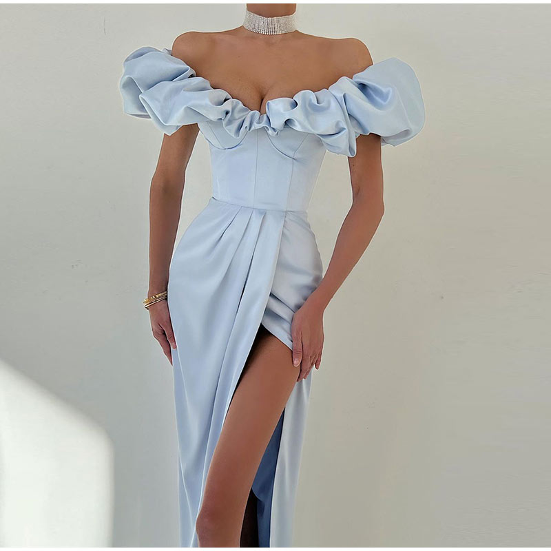 One-Shoulder Puff Sleeve Wrap Chest Slit Long Dress Mssaz Desses