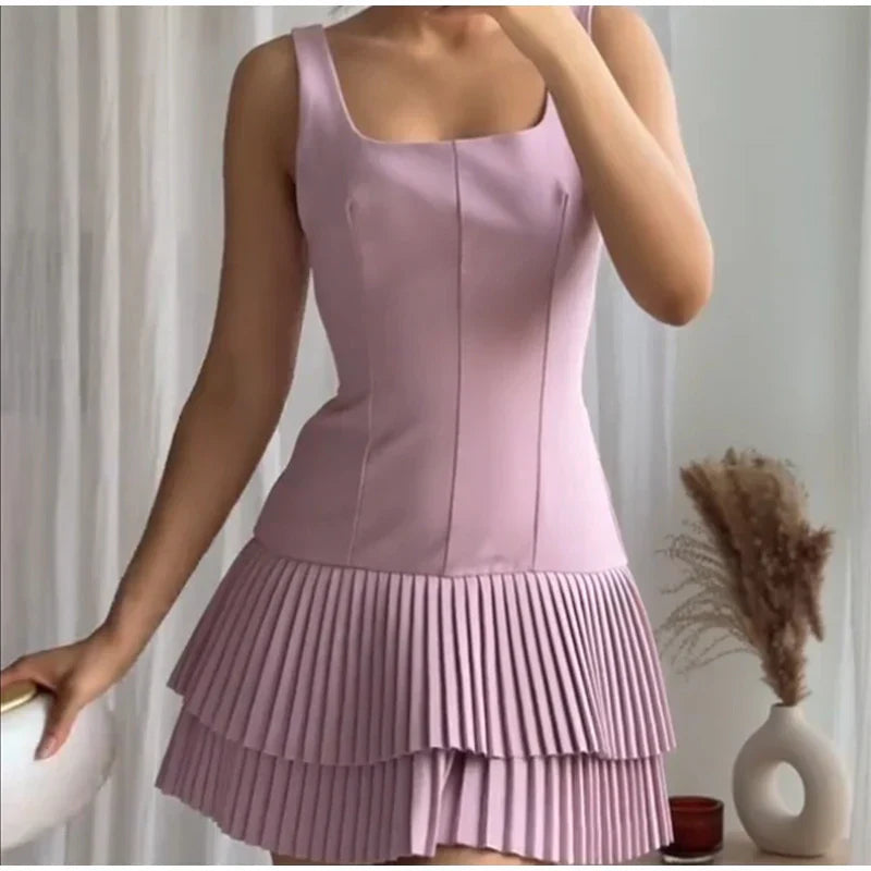 Square Collar Sleeveless Pleated Short Dress Mssaz Desses