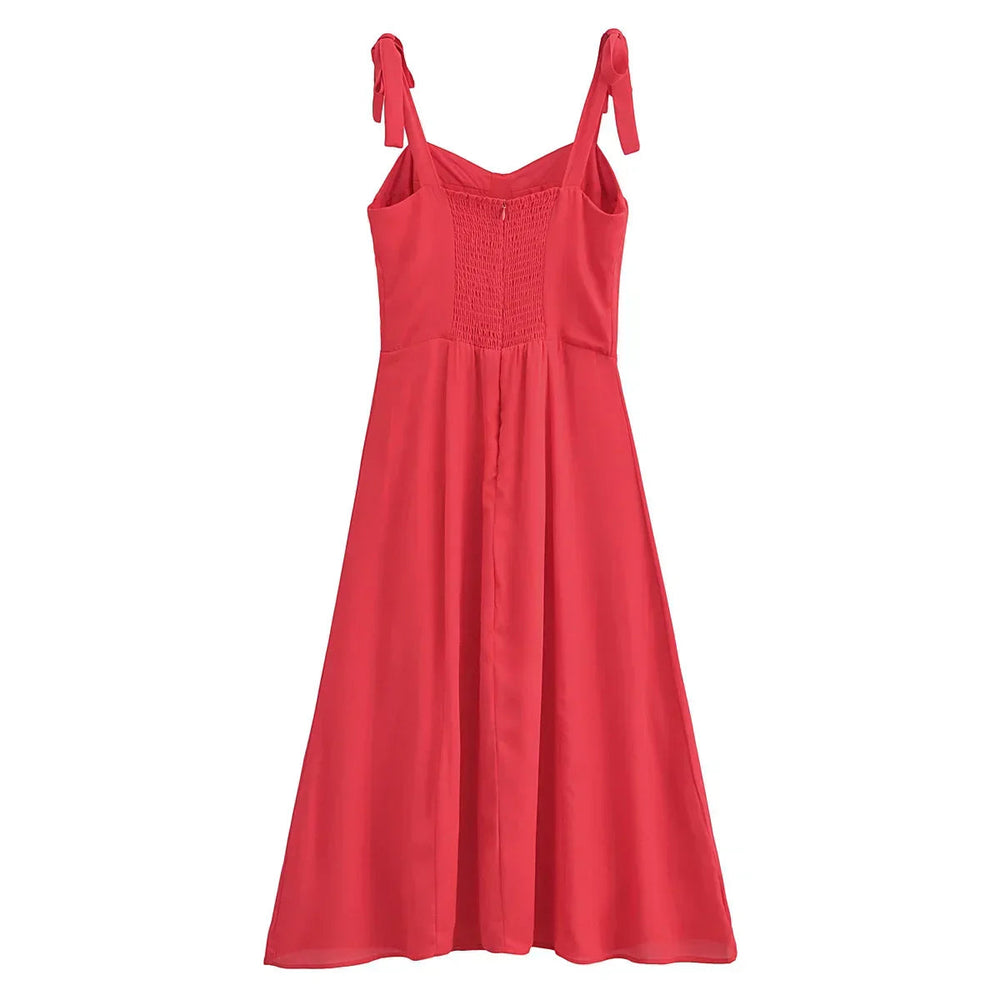 Solid Red Tie Bow Strap Midi Dress Mssaz Desses