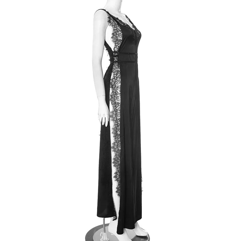 Lace Satin Patchwork High Split Maxi Dress Mssaz Desses