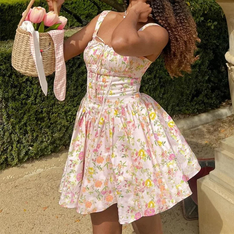 Flower Printed Open Back A-line Corset Mini Dress Mssaz Desses