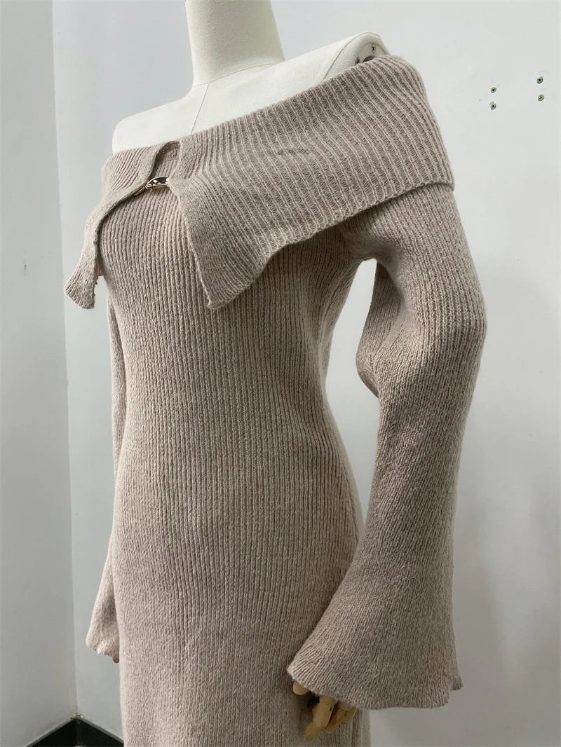 Fluffy Solid Knitted Off Shoulder Midi Dress Mssaz Desses