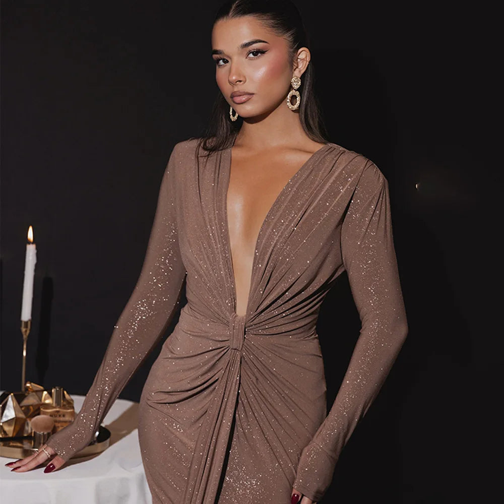 Elastic Deep V-Fold Lace Maxi Dress Mssaz Desses