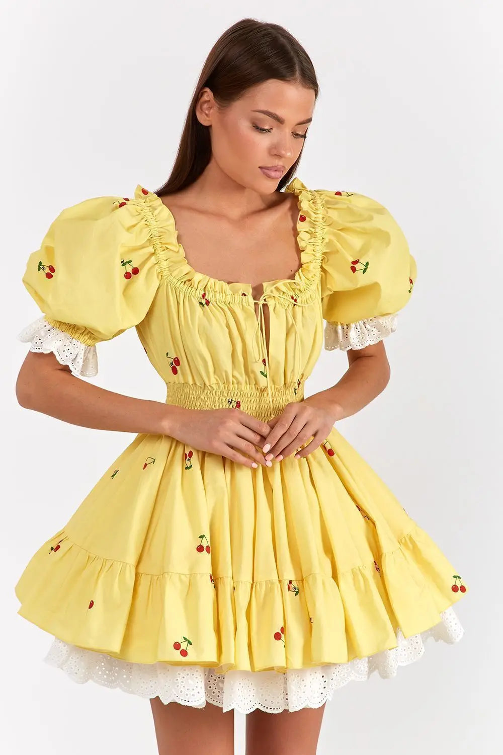 Print Puff Sleeve Ruffles Lace-up Mini Dress Mssaz Desses
