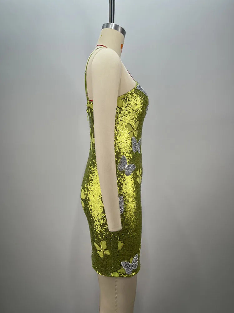 Sleeveless Mesh Sequins Butterfly Mini Dress Mssaz Desses
