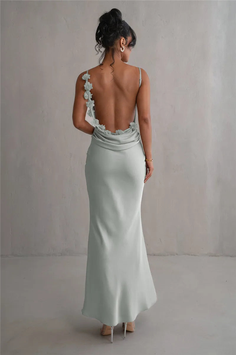 Floral Draped Open Back Spaghetti Strap Maxi Dress Mssaz Desses