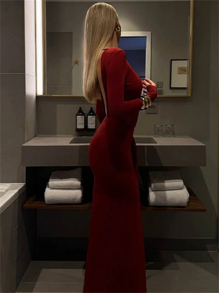 Red Lace-Up Pleated Long Sleeve Maxi Dress Mssaz Desses