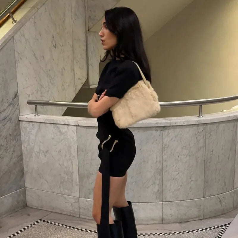 Short Sleeve Draped Black Metal Buckle Mini Dress Mssaz Desses