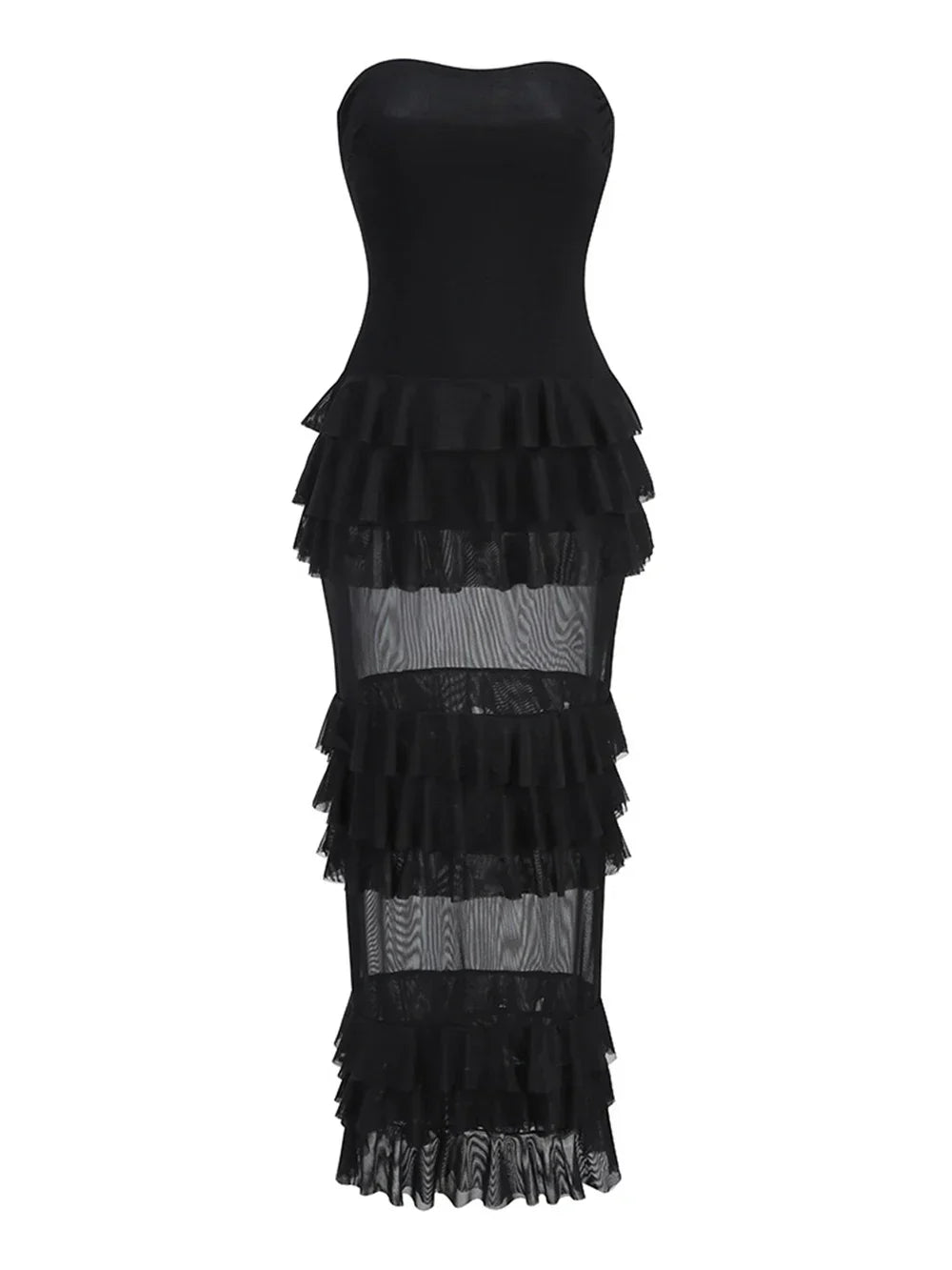 Strapless Mesh Patchwork Ruffle Dress Mssaz Desses