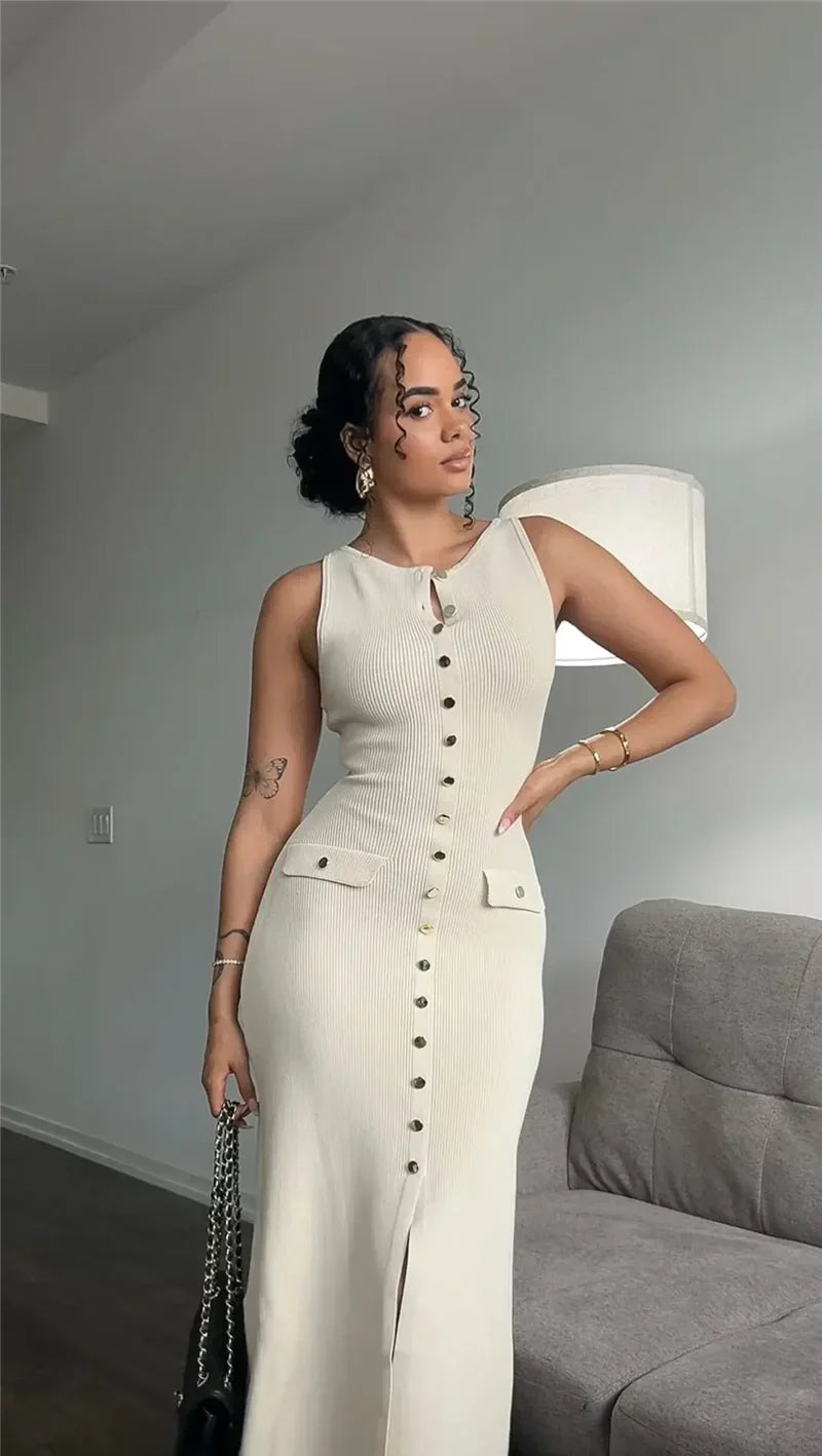 Knit Maxi Dress with Pockets Button-Front Mssaz Desses