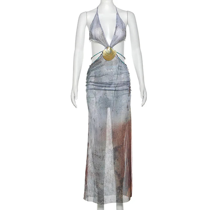 Backless Split Abstract Printed Mesh Sheer Dress Mssaz Desses