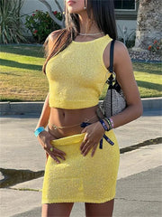 Solid Knit Top And Mini Skirt 2 Pcs Suit Mssaz Desses