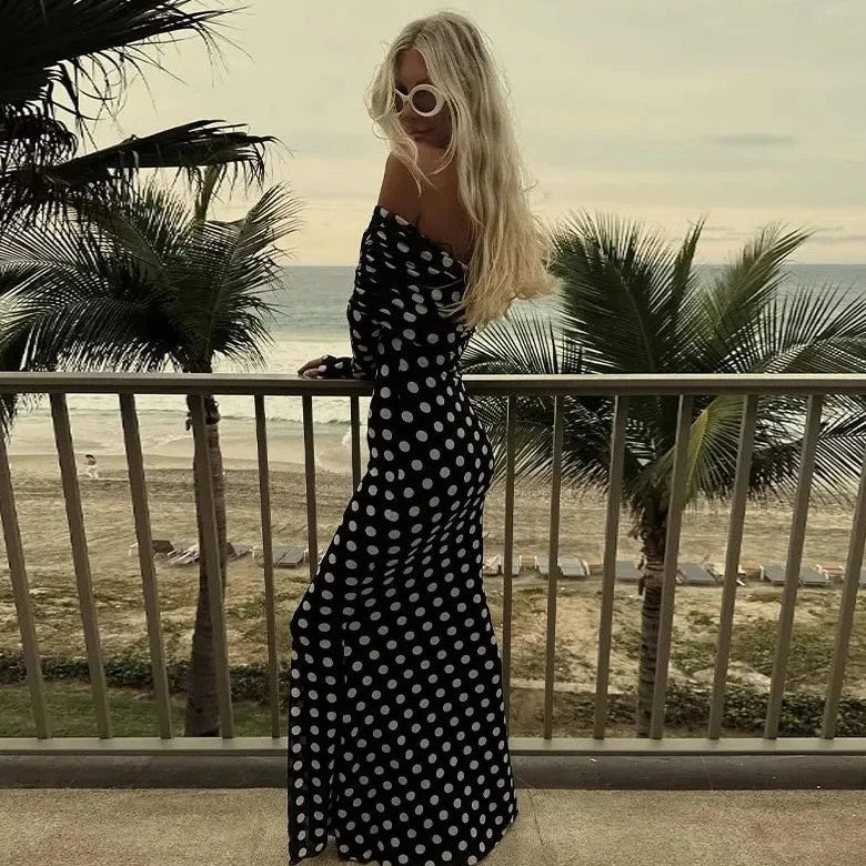 Polka Dots Off Shoulder Long Sleeves Maxi Dress Mssaz Desses