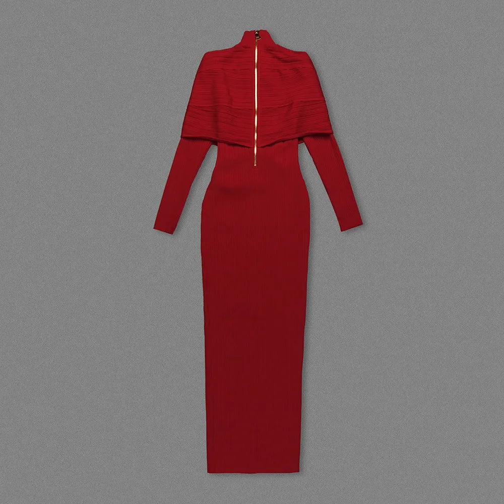 Red Bandage Turtle Neck Cross Design Long Dress Mssaz Desses