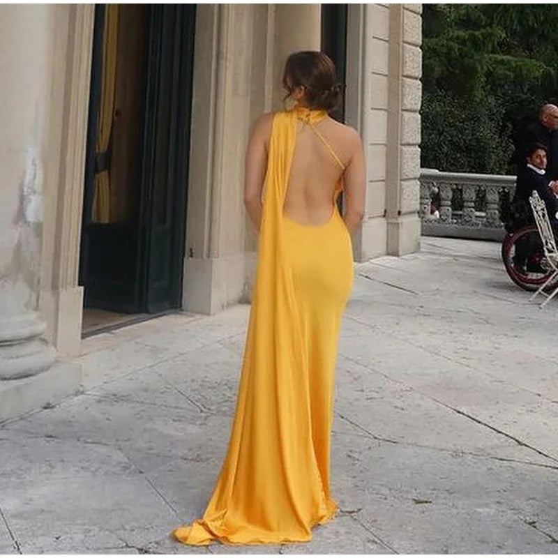 Yellow Satin Backless Lace-Up Off-Shoulder Maxi Dress Mssaz Desses