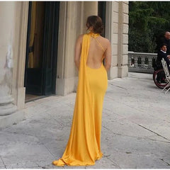 Yellow Satin Backless Lace-Up Off-Shoulder Maxi Dress Mssaz Desses