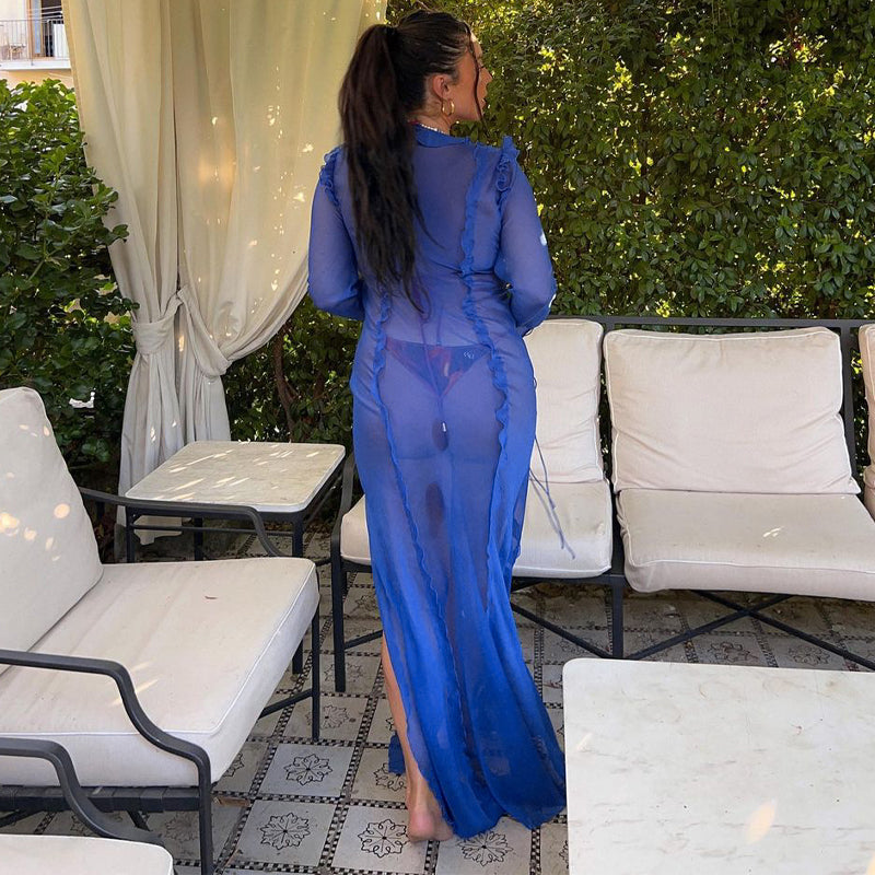 V neck Perspective Ruffle Drawstring Tight Maxi Dresses Mssaz Desses