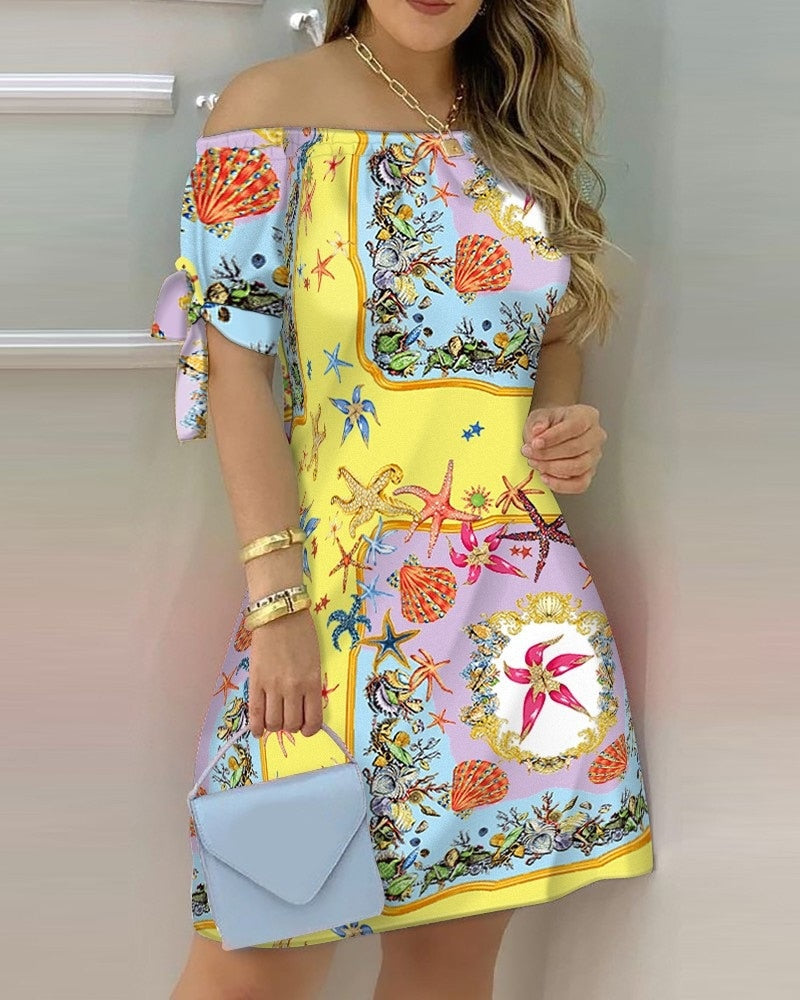 Off Shoulder  Mini Dress Short Sleeve Bow Tie Striped Plaid Floral Vestidos Mssaz Desses