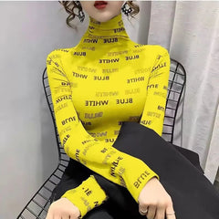 Elegant Half High Neck Pullover Letter Long Sleeve Slim Fit T-shirt Tops Mssza