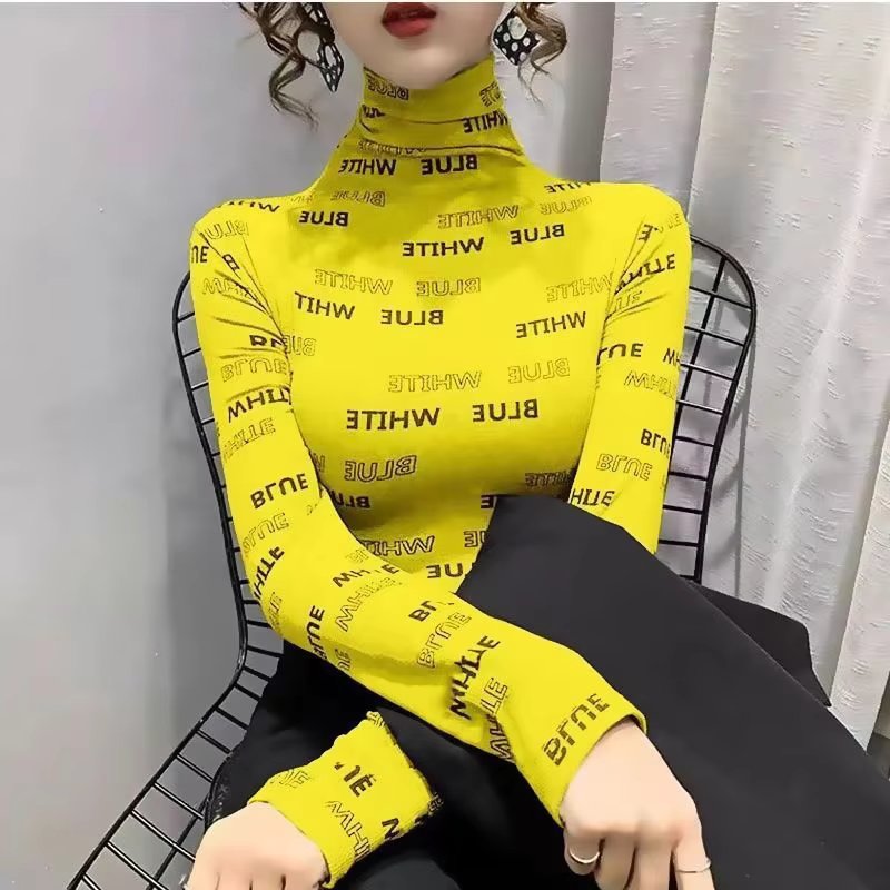 Elegant Half High Neck Pullover Letter Long Sleeve Slim Fit T-shirt Tops Mssza