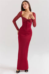 Square Collar Lace-Up Backless Long Sleeve Maxi Dress Mssaz Desses