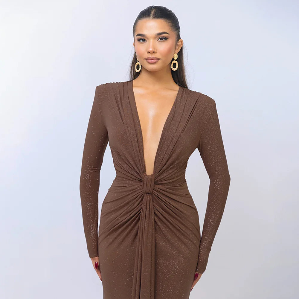Elastic Deep V-Fold Lace Maxi Dress Mssaz Desses