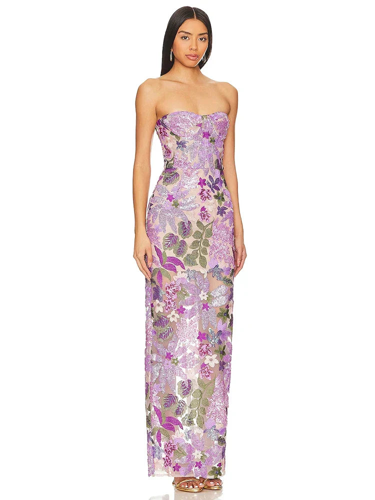 Floral-Embellished Sequin Lavender Ankle Length Dress Mssaz Desses