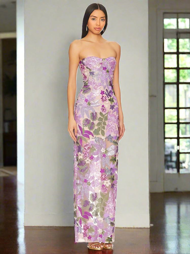 Floral-Embellished Sequin Lavender Ankle Length Dress Mssaz Desses