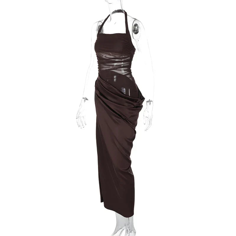 Mesh Patchwork Backless Halter Bodycon Gown Mssaz Desses