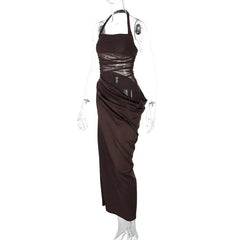 Mesh Patchwork Backless Halter Bodycon Gown Mssaz Desses