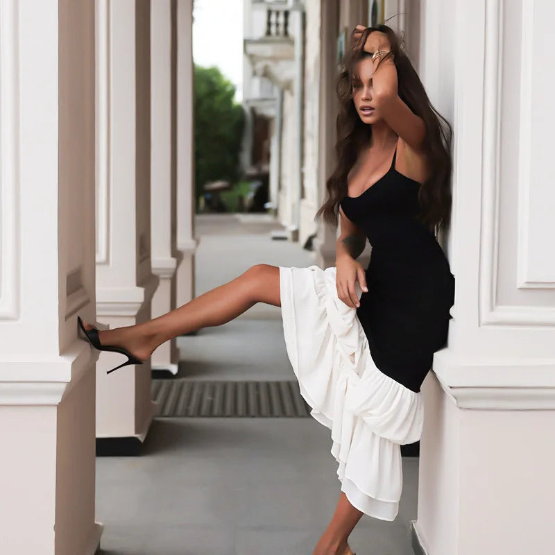 Black Strap White Frill Patchwork Maxi Dress Mssaz Desses