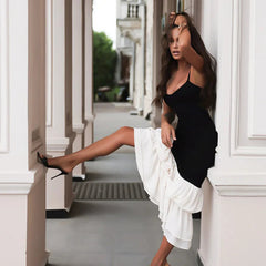 Black Strap White Frill Patchwork Maxi Dress Mssaz Desses