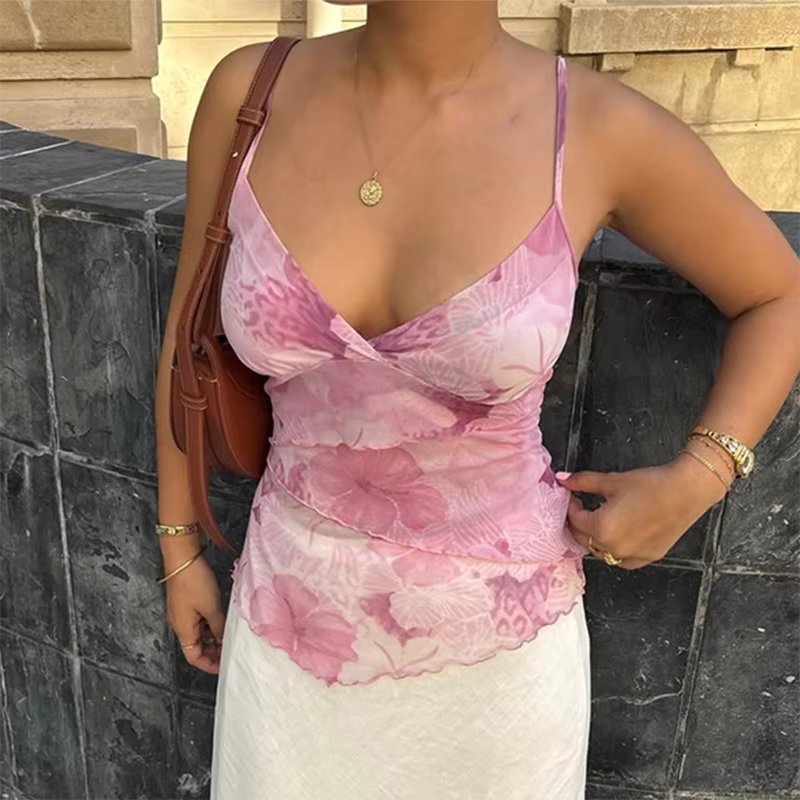 Tie Dye Print Camisole Boho Backless Pattern V Neck Tank Tops Mssza