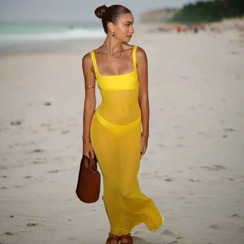 Mesh Square Neck Open Back Solid Long Dress Mssaz Desses