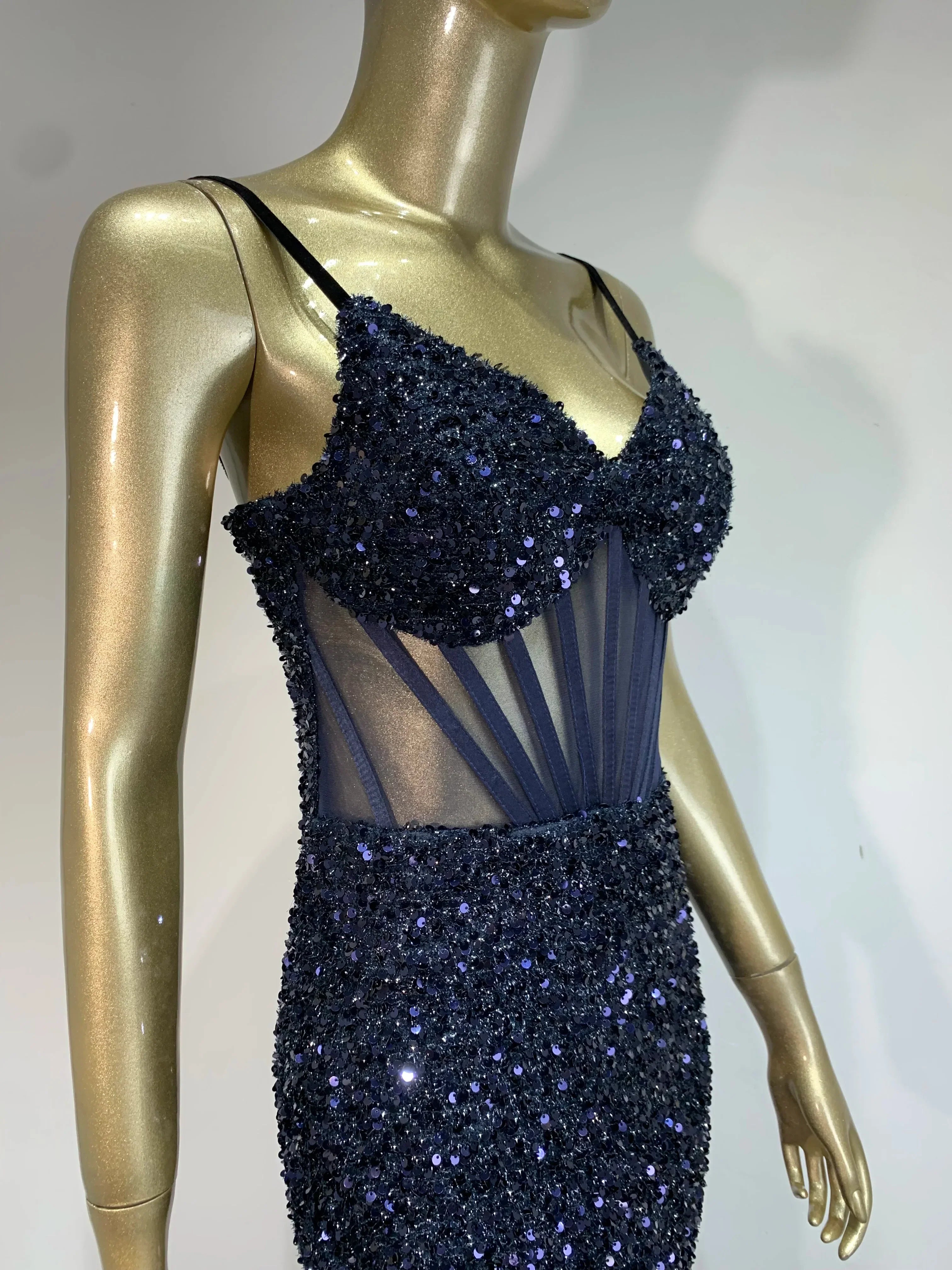 Mesh Sequins Blue Feather Long Dress Mssaz Desses