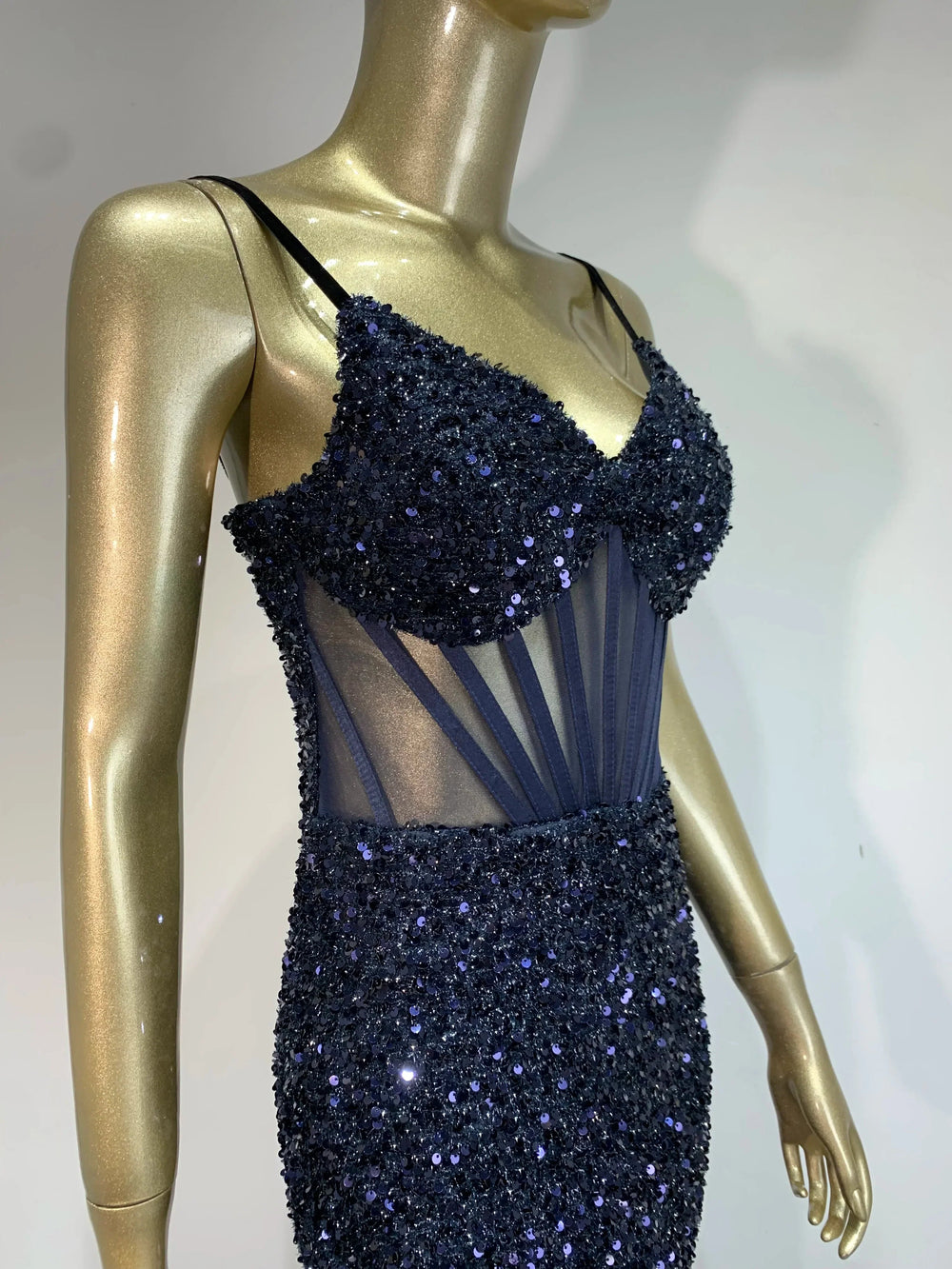 Mesh Sequins Blue Feather Long Dress Mssaz Desses
