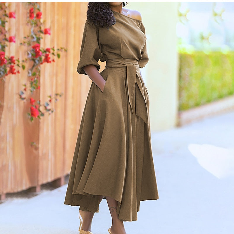Diagonal Collar Boho Lace Up Elegant Dress Mssaz Desses
