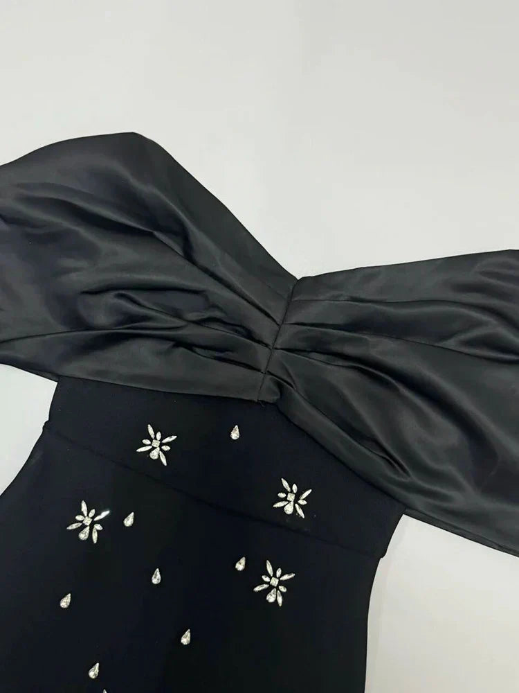 Off Shoulder Black Pleated Sleeves Crystal Dress Mssaz Desses