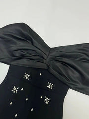 Off Shoulder Black Pleated Sleeves Crystal Dress Mssaz Desses