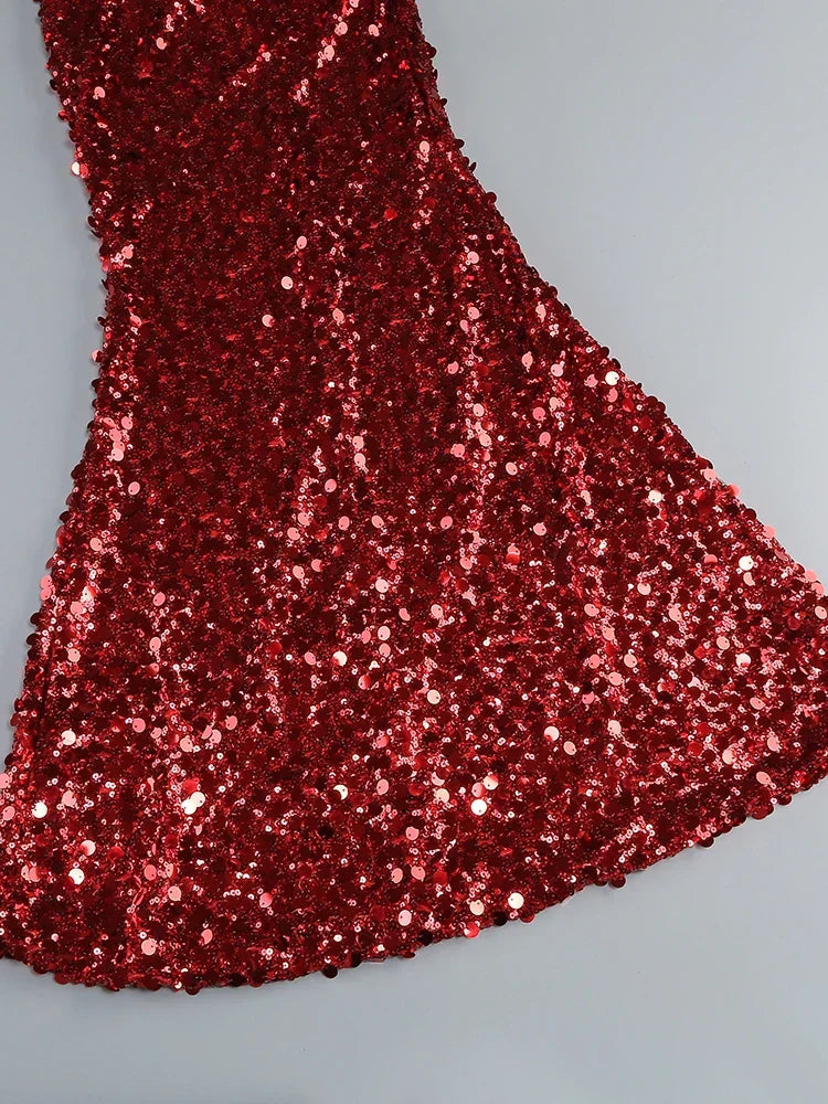 Swinging Neck Sequins Red Long Dress Mssaz Desses