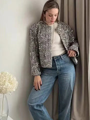 Silver Sequin Embellished Round Neck Short Coat Mssaz Desses