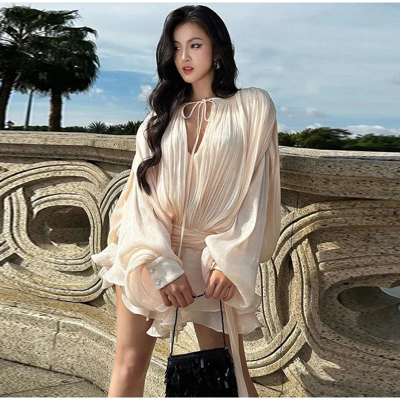 Elegant V-Neck Lace-Up  Style Mini Dress Mssaz Desses
