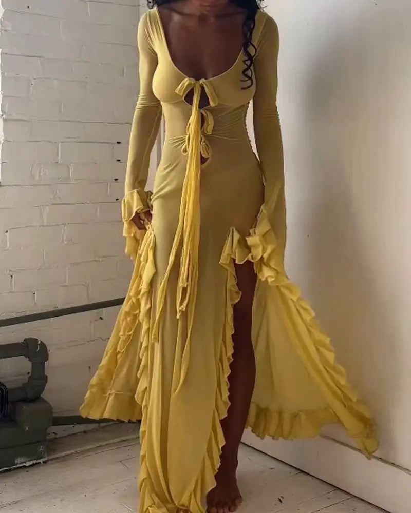 Slim-Fit See-Through V-Neck Long Sleeve Dress Mssaz Desses