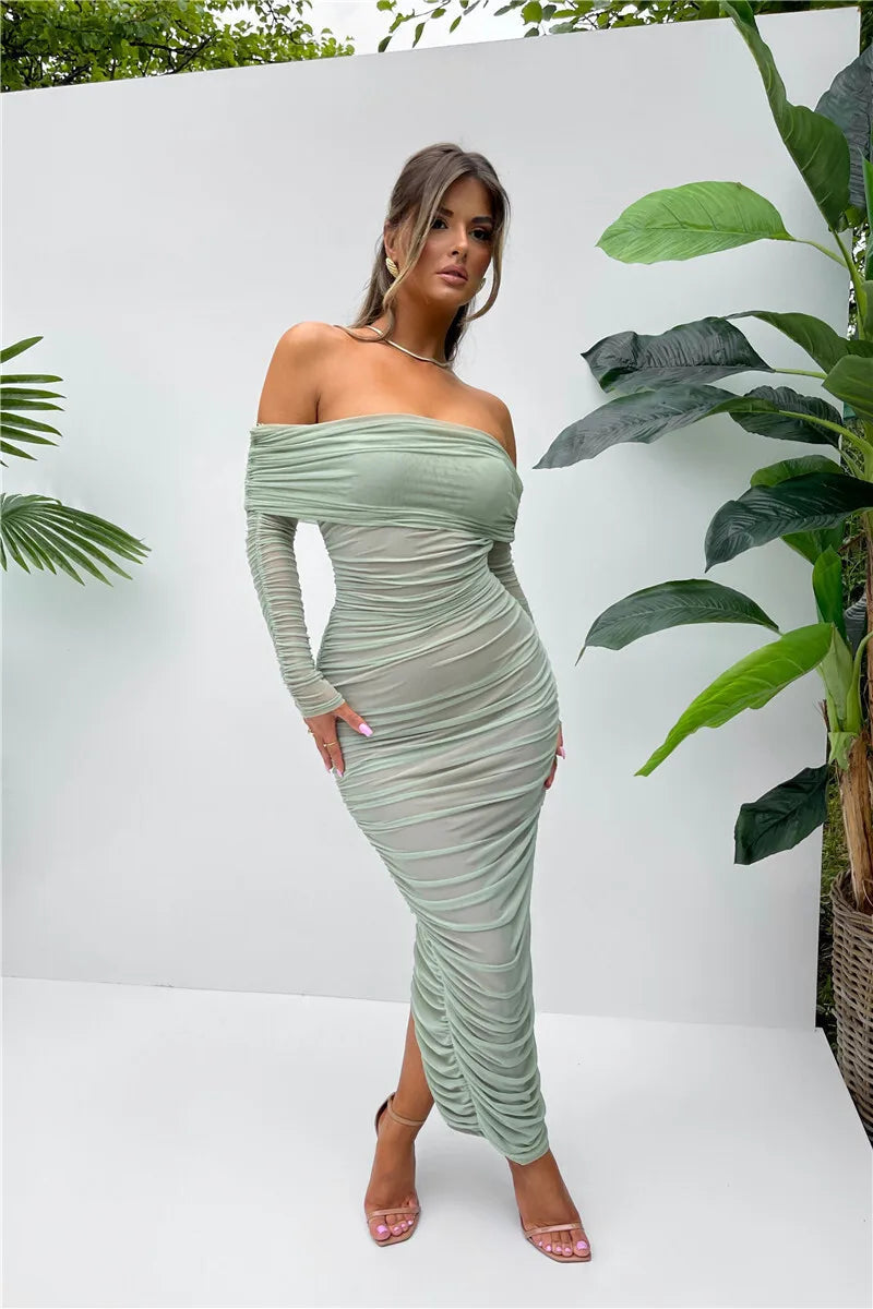 Off-shoulder Slash Neck Solid Maxi Dress Mssaz Desses