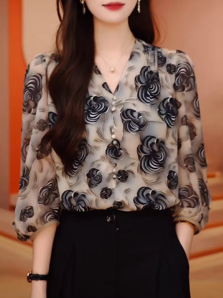 Flowers V-neck  Stylish Sweet Ruffles Spliced Loose Shirt Mssza